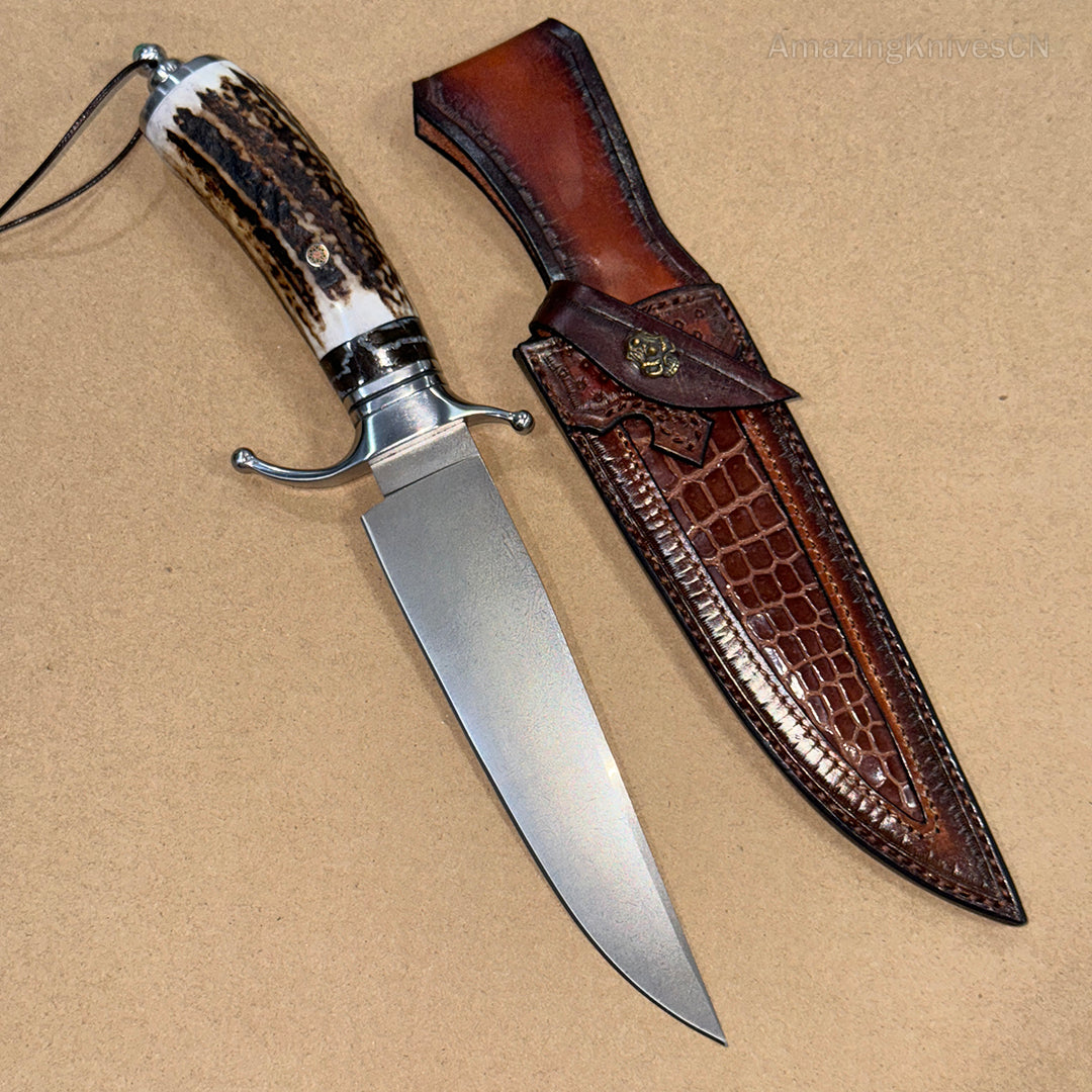 *LAST ONE* Top-tier Collectible Amazing Wootz Steel Survival Bowie Hunting Knife Fixed Blade Stag Horn Handle w/ Sheath - AK-HT0879-2