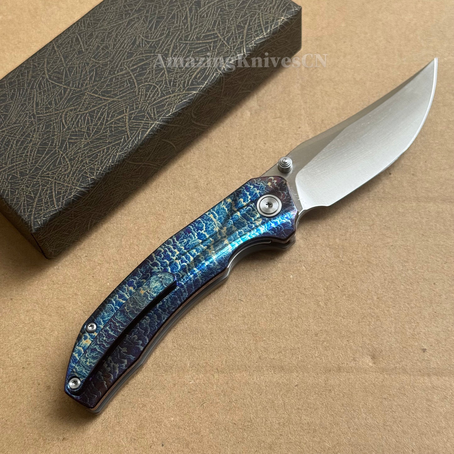 14C28N Folding Knife with Bluing Titanium Handle - AK-HT1031