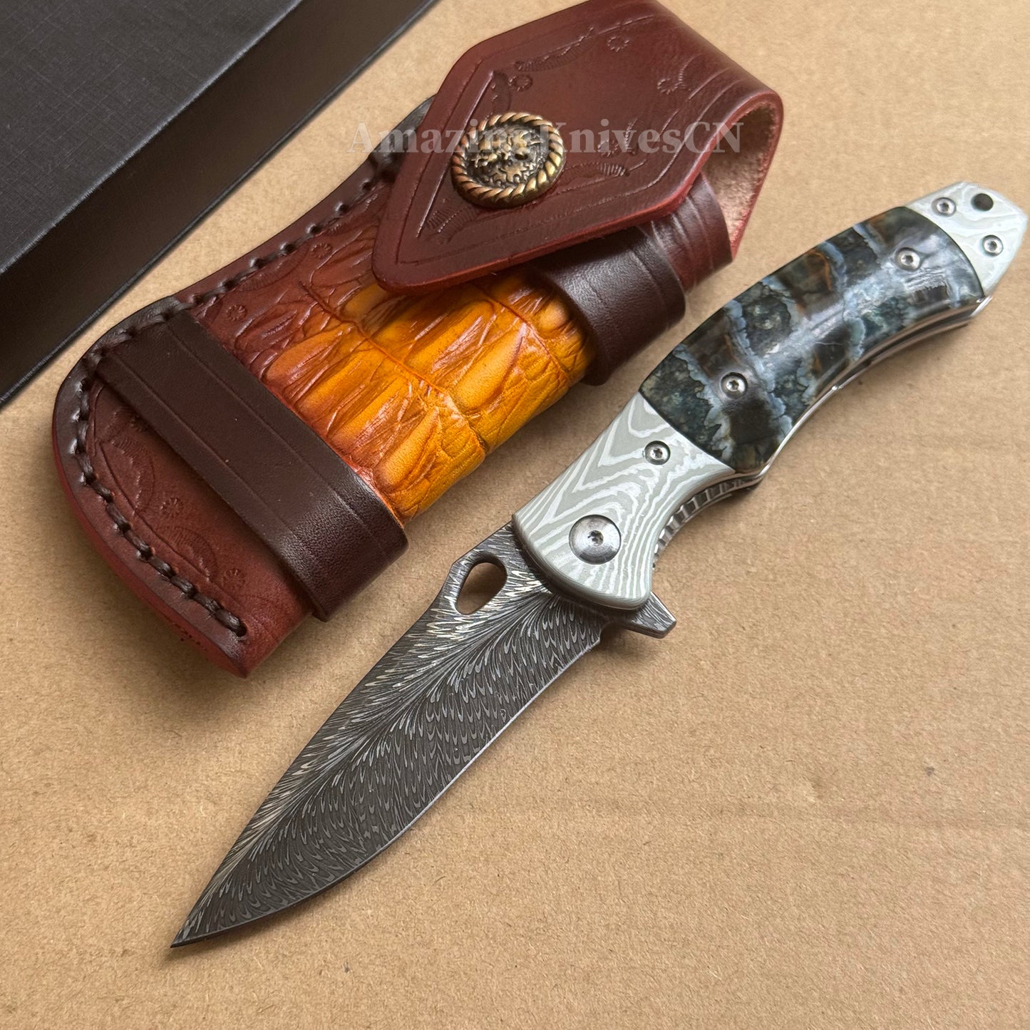 Collectible Feather Knife Folding Pocket Knife Survival Tactical Ball Bearing Flipper with Leather Sheath - AK-HT1010