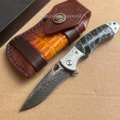Collectible Feather Knife Folding Pocket Knife Survival Tactical Ball Bearing Flipper with Leather Sheath - AK-HT1010
