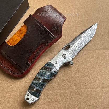 Collectible Feather Knife Folding Pocket Knife Survival Tactical Ball Bearing Flipper with Leather Sheath - AK-HT1010
