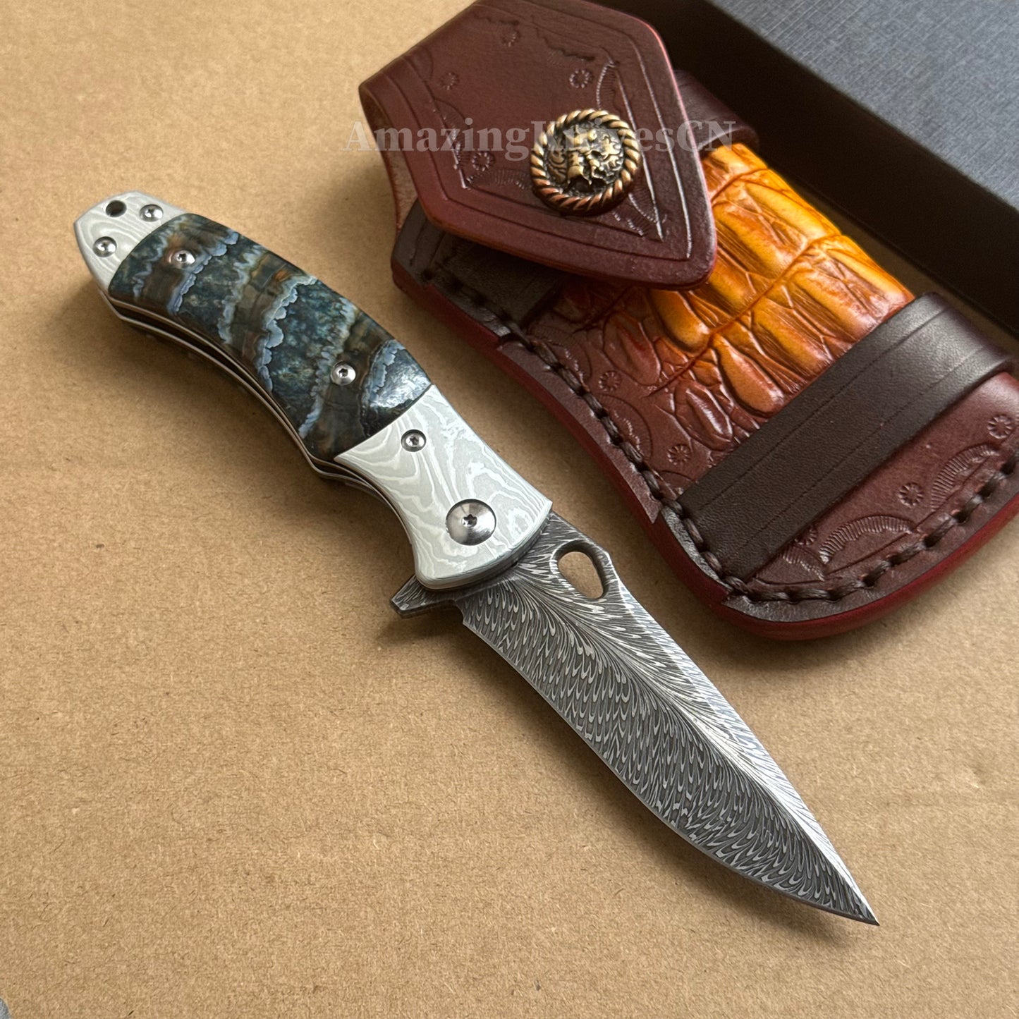 Collectible Feather Knife Folding Pocket Knife Survival Tactical Ball Bearing Flipper with Leather Sheath - AK-HT1010