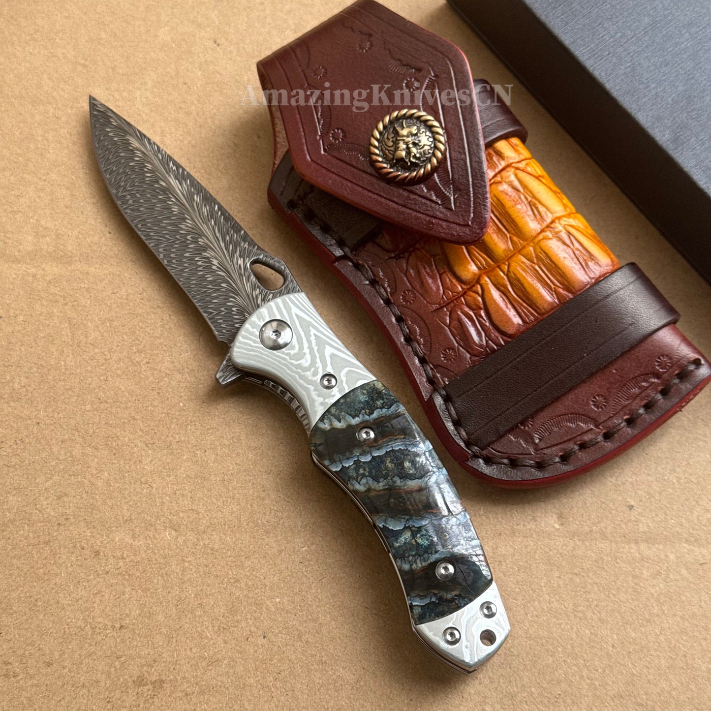 Collectible Feather Knife Folding Pocket Knife Survival Tactical Ball Bearing Flipper with Leather Sheath - AK-HT1010