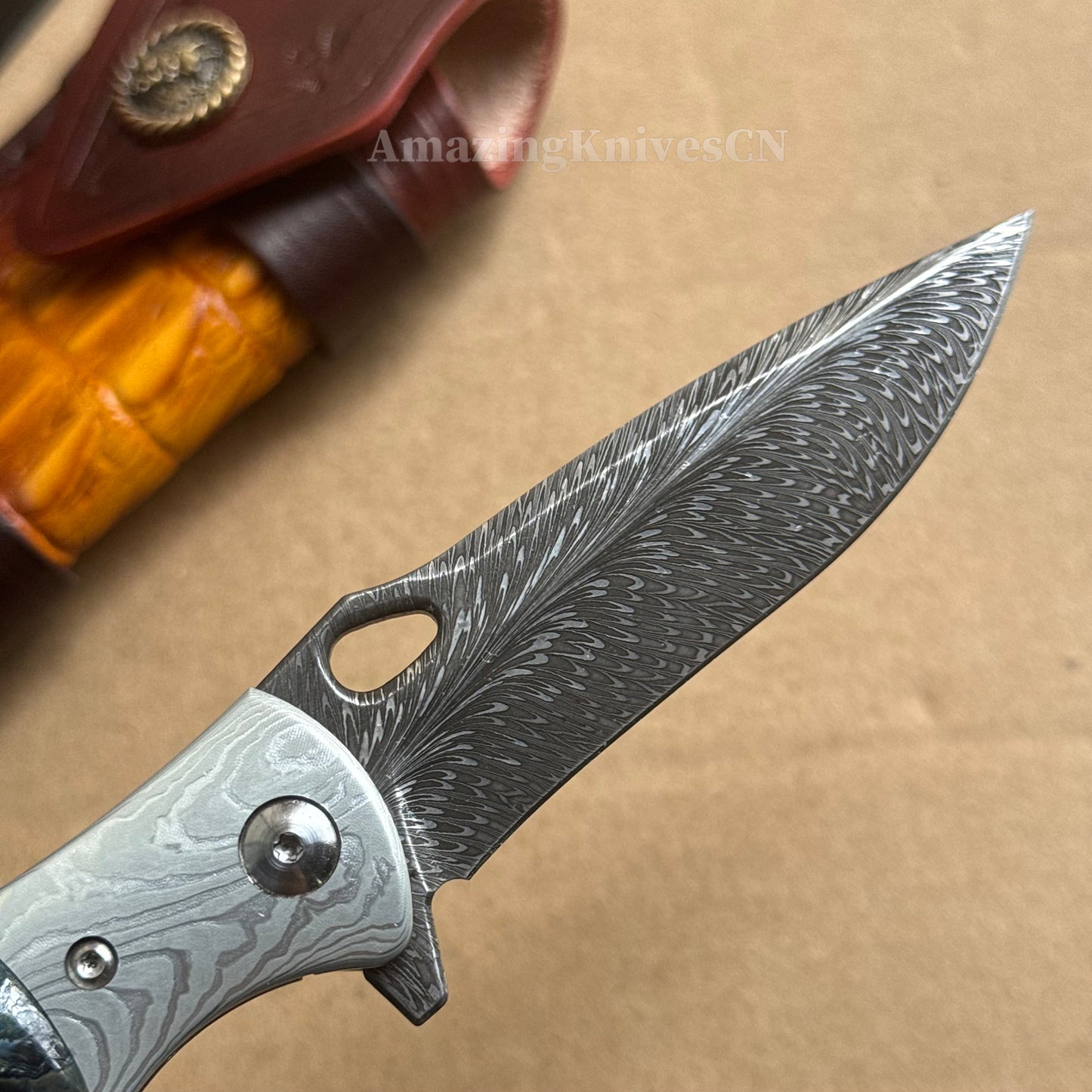 Collectible Feather Knife Folding Pocket Knife Survival Tactical Ball Bearing Flipper with Leather Sheath - AK-HT1010