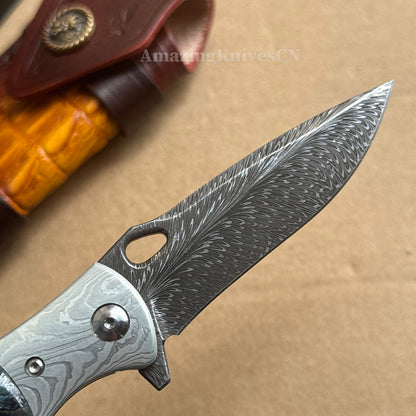 Collectible Feather Knife Folding Pocket Knife Survival Tactical Ball Bearing Flipper with Leather Sheath - AK-HT1010