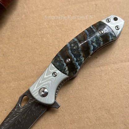 Collectible Feather Knife Folding Pocket Knife Survival Tactical Ball Bearing Flipper with Leather Sheath - AK-HT1010
