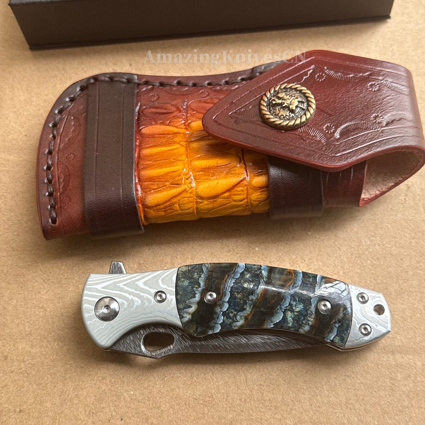 Collectible Feather Knife Folding Pocket Knife Survival Tactical Ball Bearing Flipper with Leather Sheath - AK-HT1010