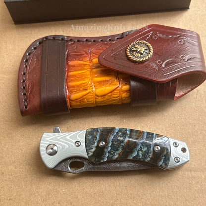 Collectible Feather Knife Folding Pocket Knife Survival Tactical Ball Bearing Flipper with Leather Sheath - AK-HT1010