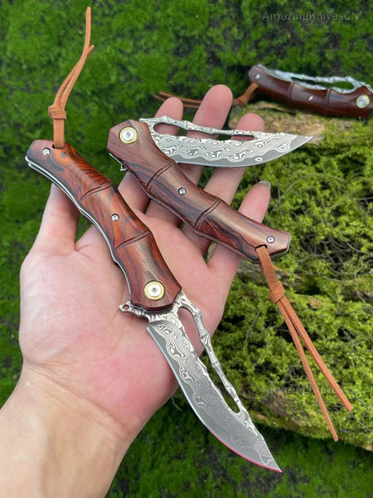 Handmade VG10 Damascus Pocket Knife Camping Outdoor Survival Knife Wood Handle - AK-HT0913