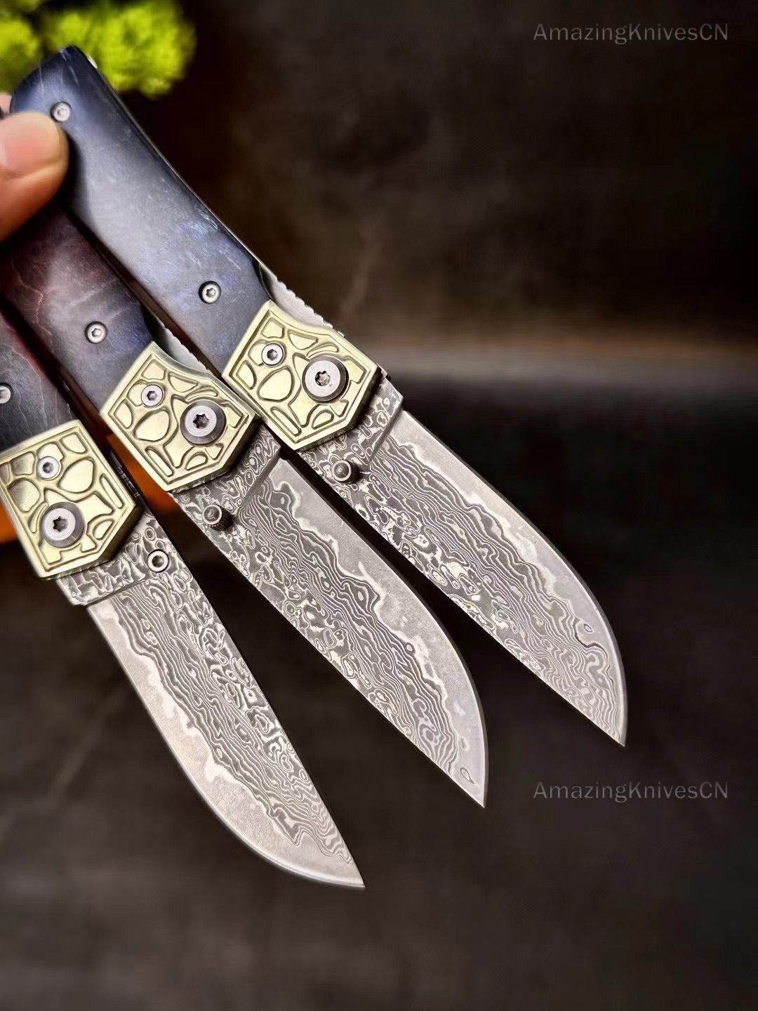 Damascus folding Pocket Knife Camping Ball Bearing Wood Handle - AK-HT0914