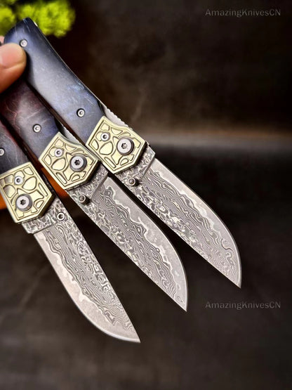 Damascus folding Pocket Knife Camping Ball Bearing Wood Handle - AK-HT0914