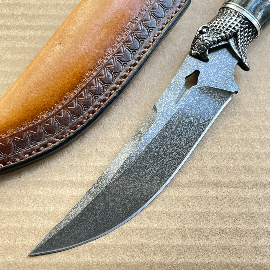 Collectible Wootz Steel Hunting Knife Fixed Blade Carved Snake -AK-HT0847