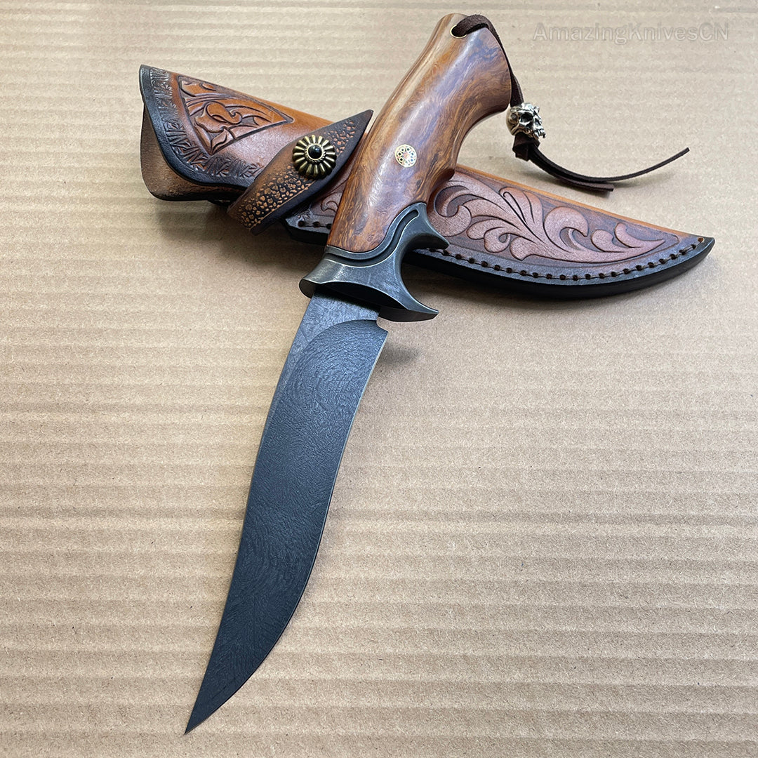 Handcrafted Wootz Steel Fixed Blade Outdoor Collectible Knife Desert Ironwood Handle with Leather Sheath - AK-HT0838