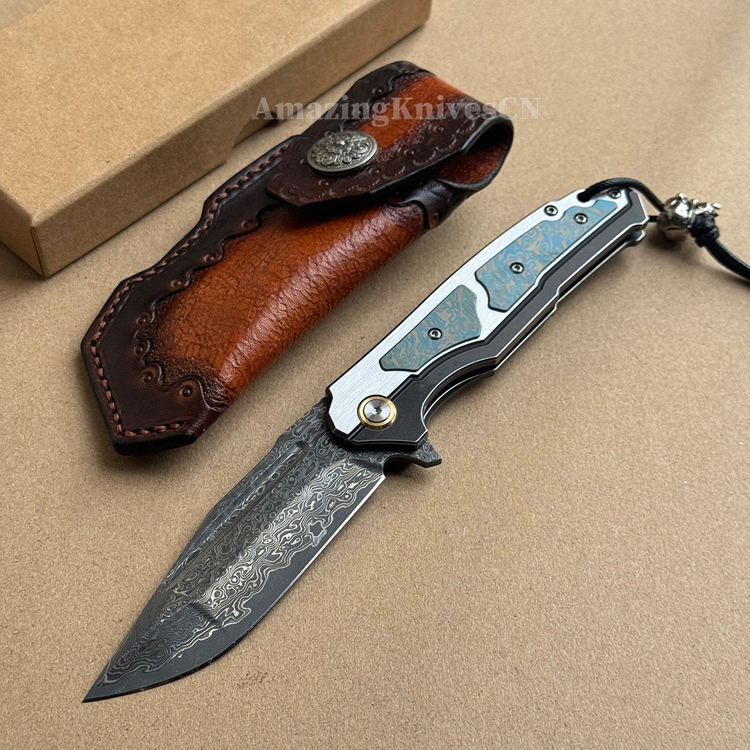 Japanese VG10 Forged Damascus Survival Pocket Knife Titanium Handle Ball Bearing - AK-HT0972-D