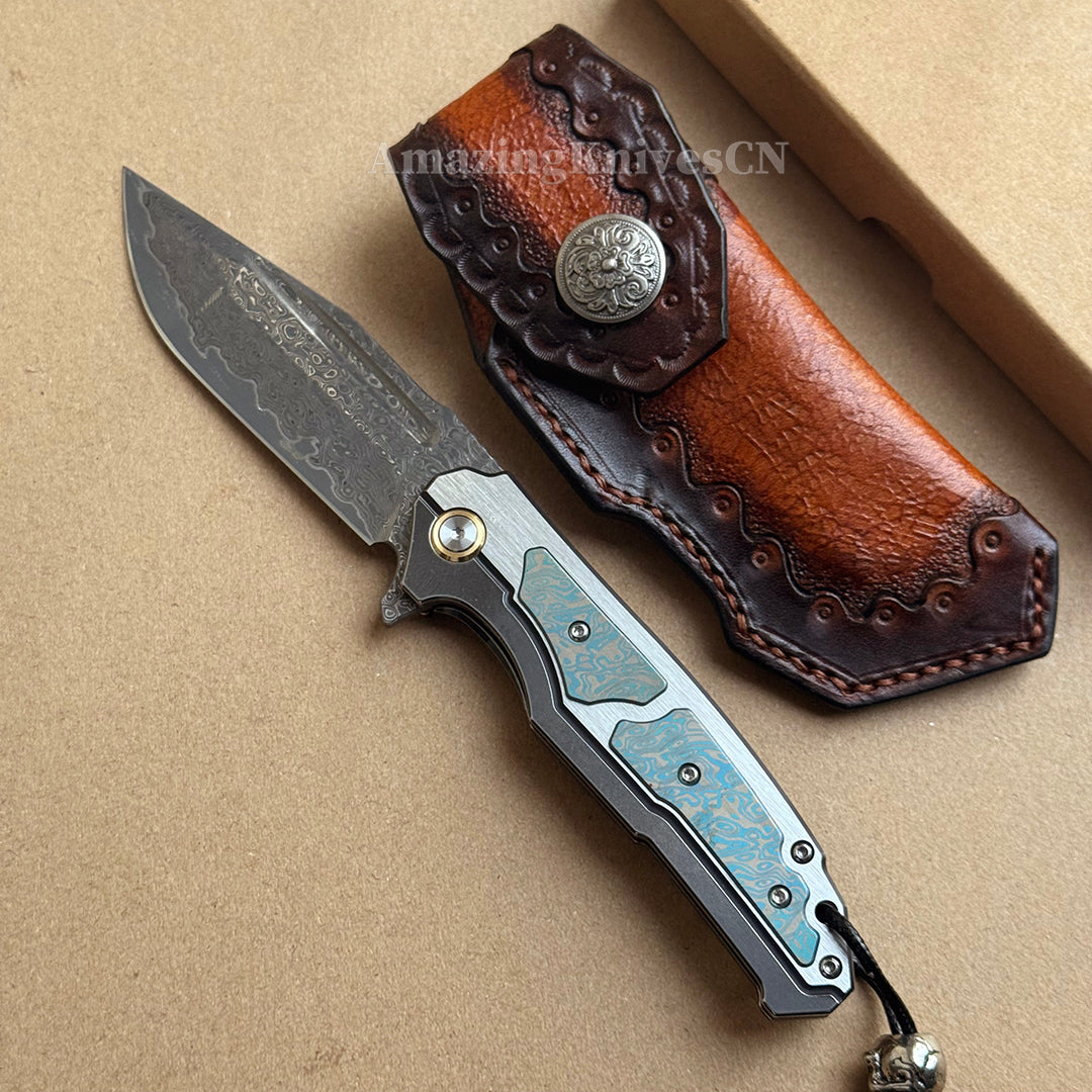 Japanese VG10 Forged Damascus Survival Pocket Knife Titanium Handle Ball Bearing - AK-HT0972-D