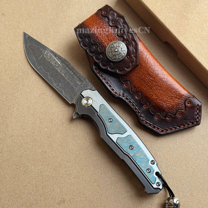 Japanese VG10 Forged Damascus Survival Pocket Knife Titanium Handle Ball Bearing - AK-HT0972-D