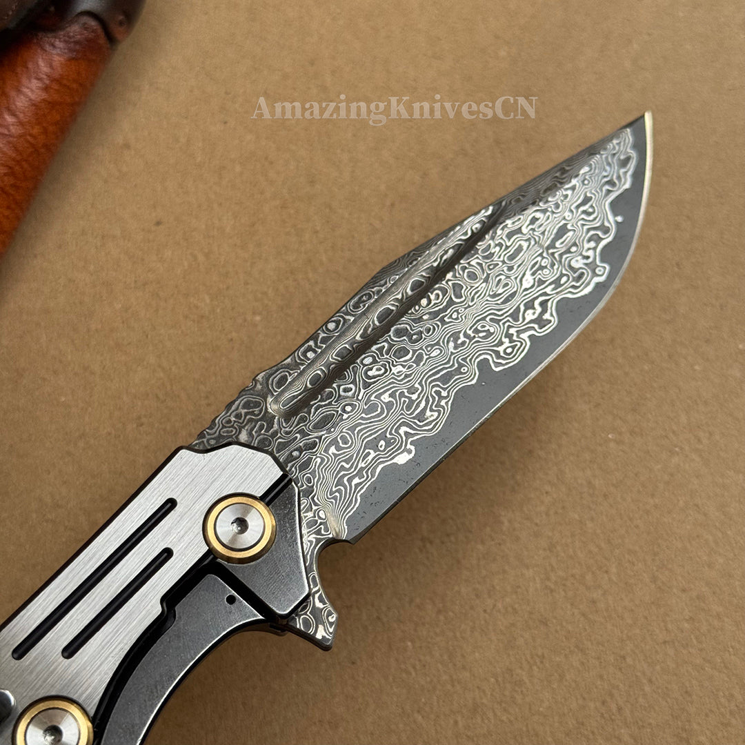 Japanese VG10 Forged Damascus Survival Pocket Knife Titanium Handle Ball Bearing - AK-HT0972-D