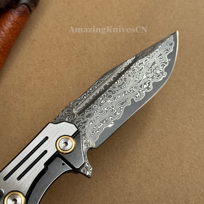 Japanese VG10 Forged Damascus Survival Pocket Knife Titanium Handle Ball Bearing - AK-HT0972-D