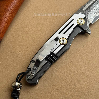 Japanese VG10 Forged Damascus Survival Pocket Knife Titanium Handle Ball Bearing - AK-HT0972-D