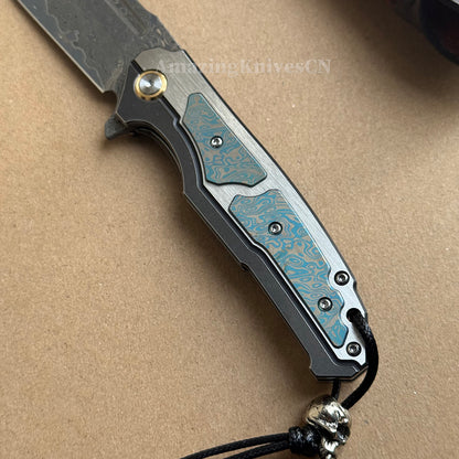 Japanese VG10 Forged Damascus Survival Pocket Knife Titanium Handle Ball Bearing - AK-HT0972-D