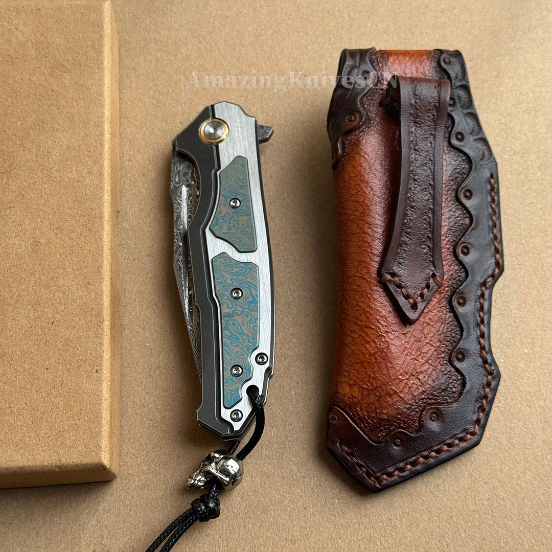 Japanese VG10 Forged Damascus Survival Pocket Knife Titanium Handle Ball Bearing - AK-HT0972-D