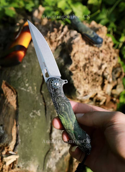 M390 Blade Pocket Knife Tactical Flipper Ceramic Ball Bearings w/ Leather Sheath - AK-HT0992