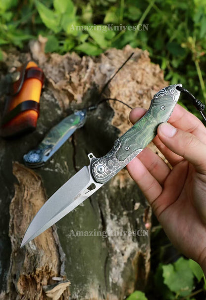 M390 Blade Pocket Knife Tactical Flipper Ceramic Ball Bearings w/ Leather Sheath - AK-HT0992