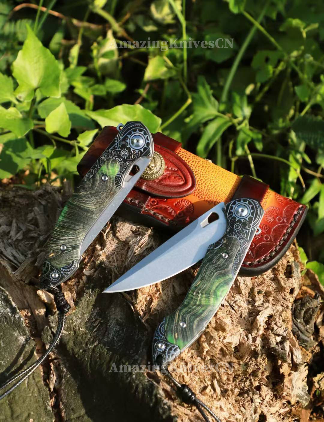 M390 Blade Pocket Knife Tactical Flipper Ceramic Ball Bearings w/ Leather Sheath - AK-HT0992