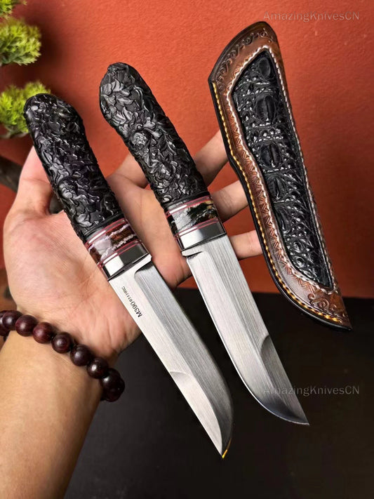 Top-tier M390 Steel Blade Hunting Knife Bowie Survival Knife Handcrafted Ebony Wood - AK-HT0922