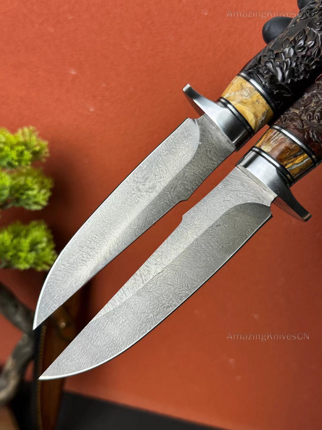 Wootz Steel Hunting Knife Survival Bowie Ironwood Handcrafted Tiger Pattern - AK-HT0923