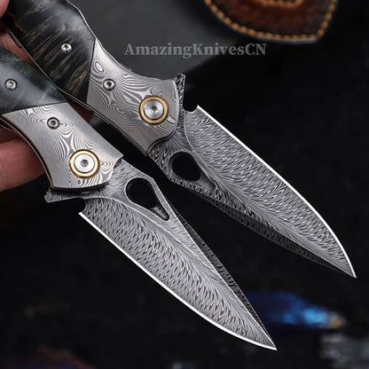 Handcrafted Feather Damascus Pocket Knife Wood Handle -AK-HT0994