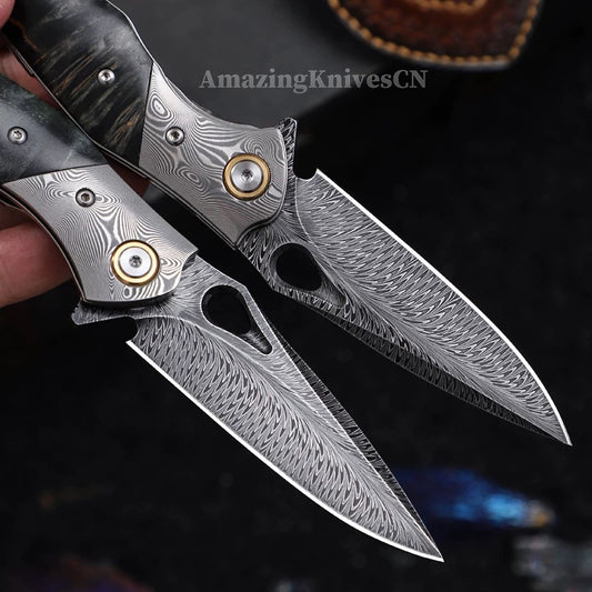 Handcrafted Feather Damascus Pocket Knife Wood Handle -AK-HT0994