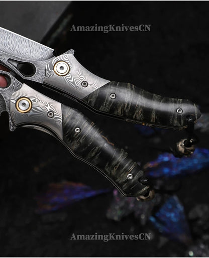 Handcrafted Feather Damascus Pocket Knife Wood Handle -AK-HT0994