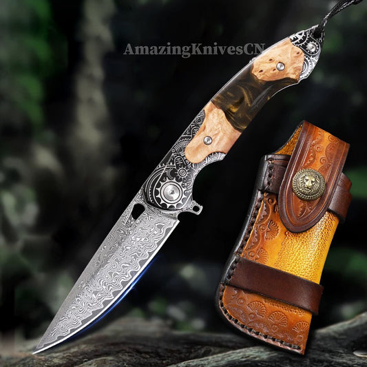 Collectible Japanese Damascus Steel Pocket Knife Wooden Handle with Leather Sheath - AK-HT0995