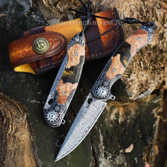 Collectible Japanese Damascus Steel Pocket Knife Wooden Handle with Leather Sheath - AK-HT0995