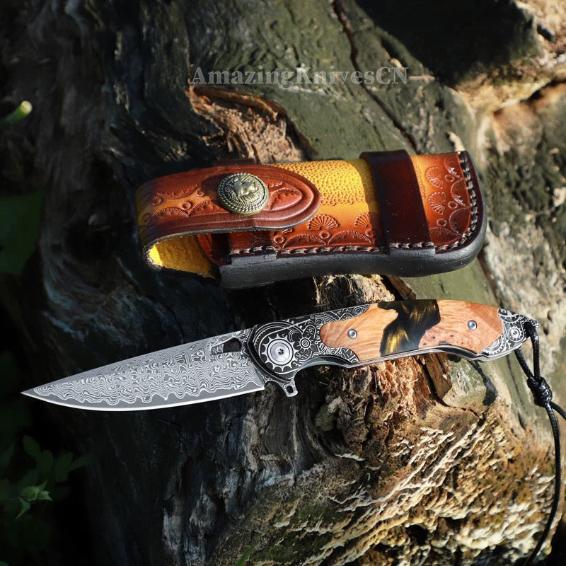 Collectible Japanese Damascus Steel Pocket Knife Wooden Handle with Leather Sheath - AK-HT0995