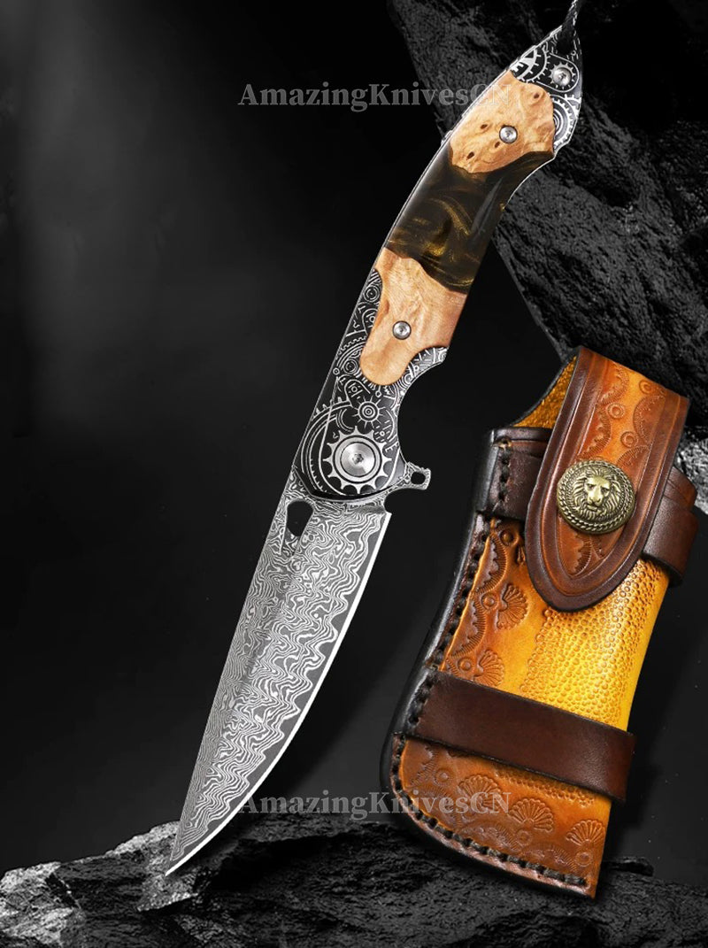 Collectible Japanese Damascus Steel Pocket Knife Wooden Handle with Leather Sheath - AK-HT0995