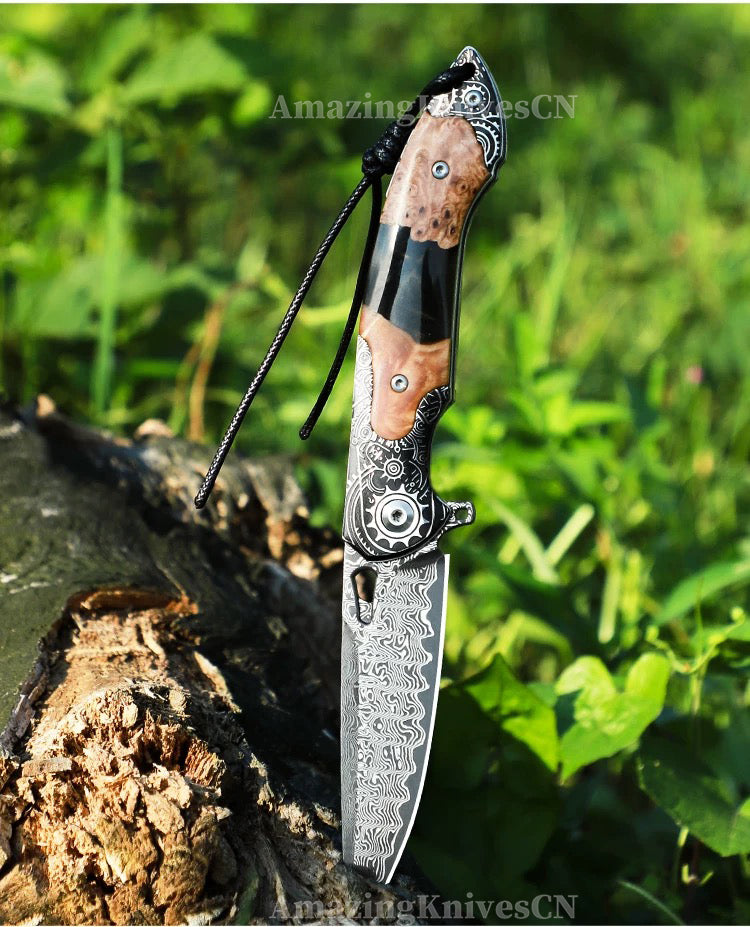 Collectible Japanese Damascus Steel Pocket Knife Wooden Handle with Leather Sheath - AK-HT0995