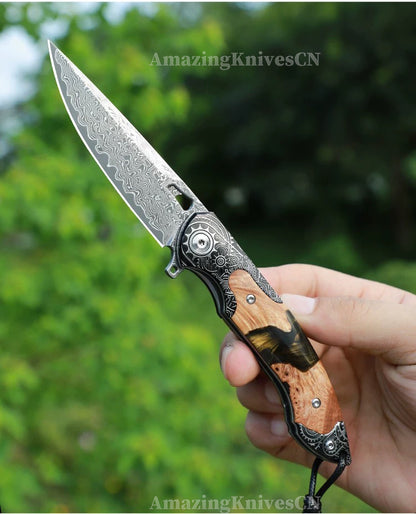Collectible Japanese Damascus Steel Pocket Knife Wooden Handle with Leather Sheath - AK-HT0995