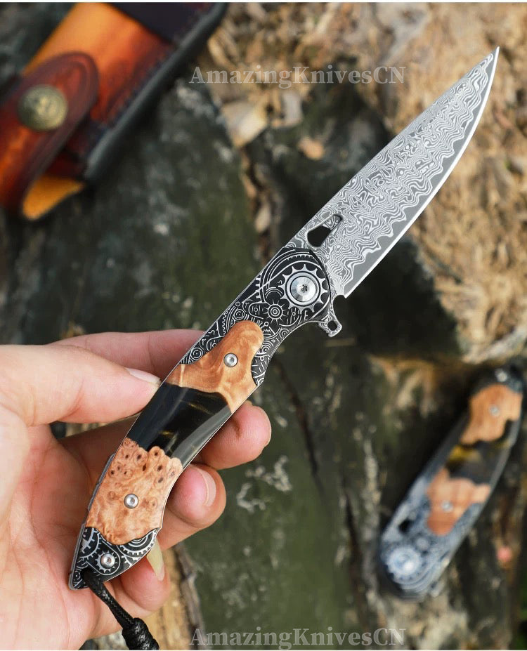Collectible Japanese Damascus Steel Pocket Knife Wooden Handle with Leather Sheath - AK-HT0995