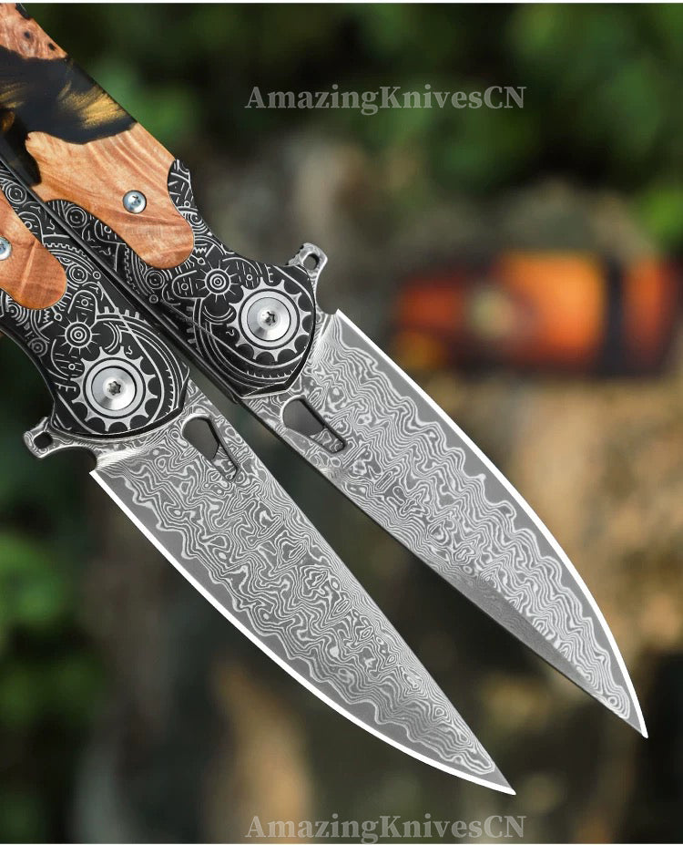 Collectible Japanese Damascus Steel Pocket Knife Wooden Handle with Leather Sheath - AK-HT0995