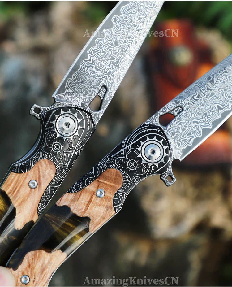 Collectible Japanese Damascus Steel Pocket Knife Wooden Handle with Leather Sheath - AK-HT0995