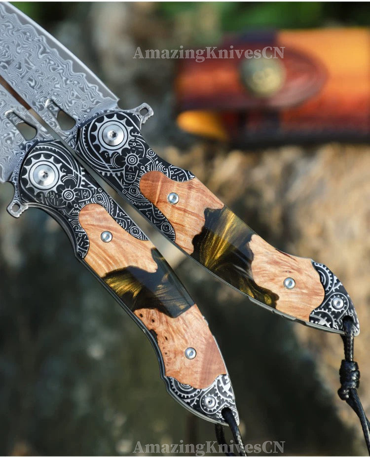 Collectible Japanese Damascus Steel Pocket Knife Wooden Handle with Leather Sheath - AK-HT0995