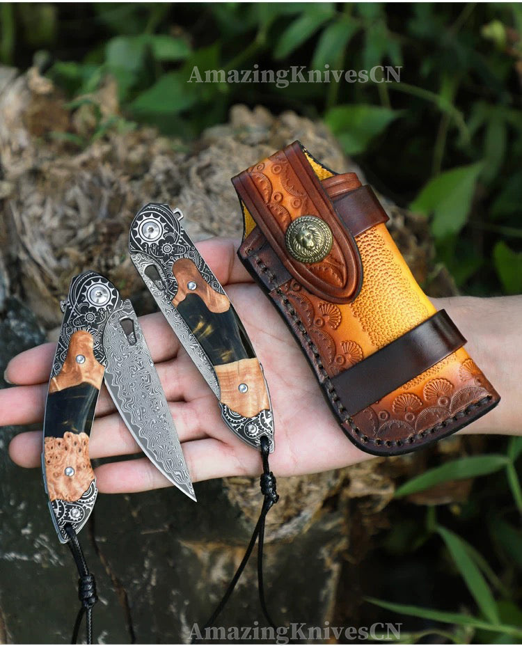 Collectible Japanese Damascus Steel Pocket Knife Wooden Handle with Leather Sheath - AK-HT0995