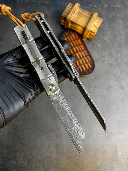 82 Layers Japanese Damascus Steel Hunting Knife Folding Pocket Knife Ball Bearings- AK-HT0823
