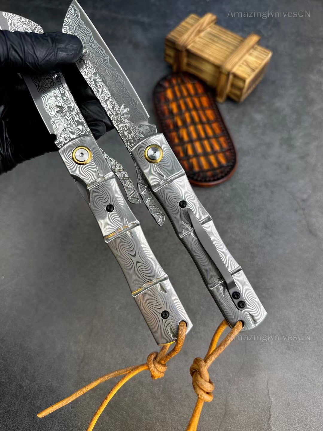 82 Layers Japanese Damascus Steel Hunting Knife Folding Pocket Knife Ball Bearings- AK-HT0823