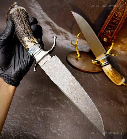 Wootz Steel Survival Bowie Hunting Knife Fixed Blade Stag Horn Handle w/ Sheath - AK-HT0879
