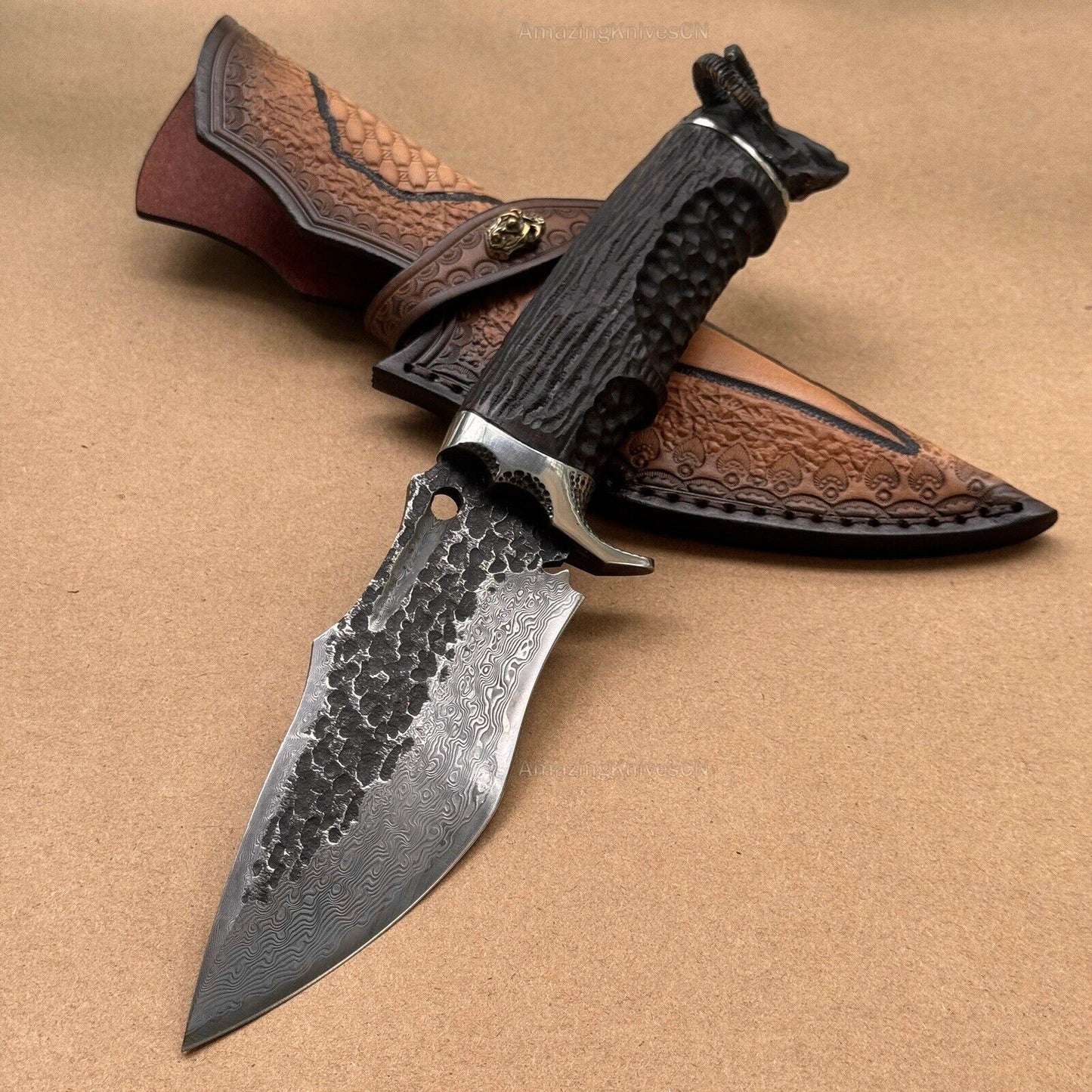Damascus Fixed Blade VG10 Hunting Knife Art Handcrafted Knife Goat Black- AK-HT0473