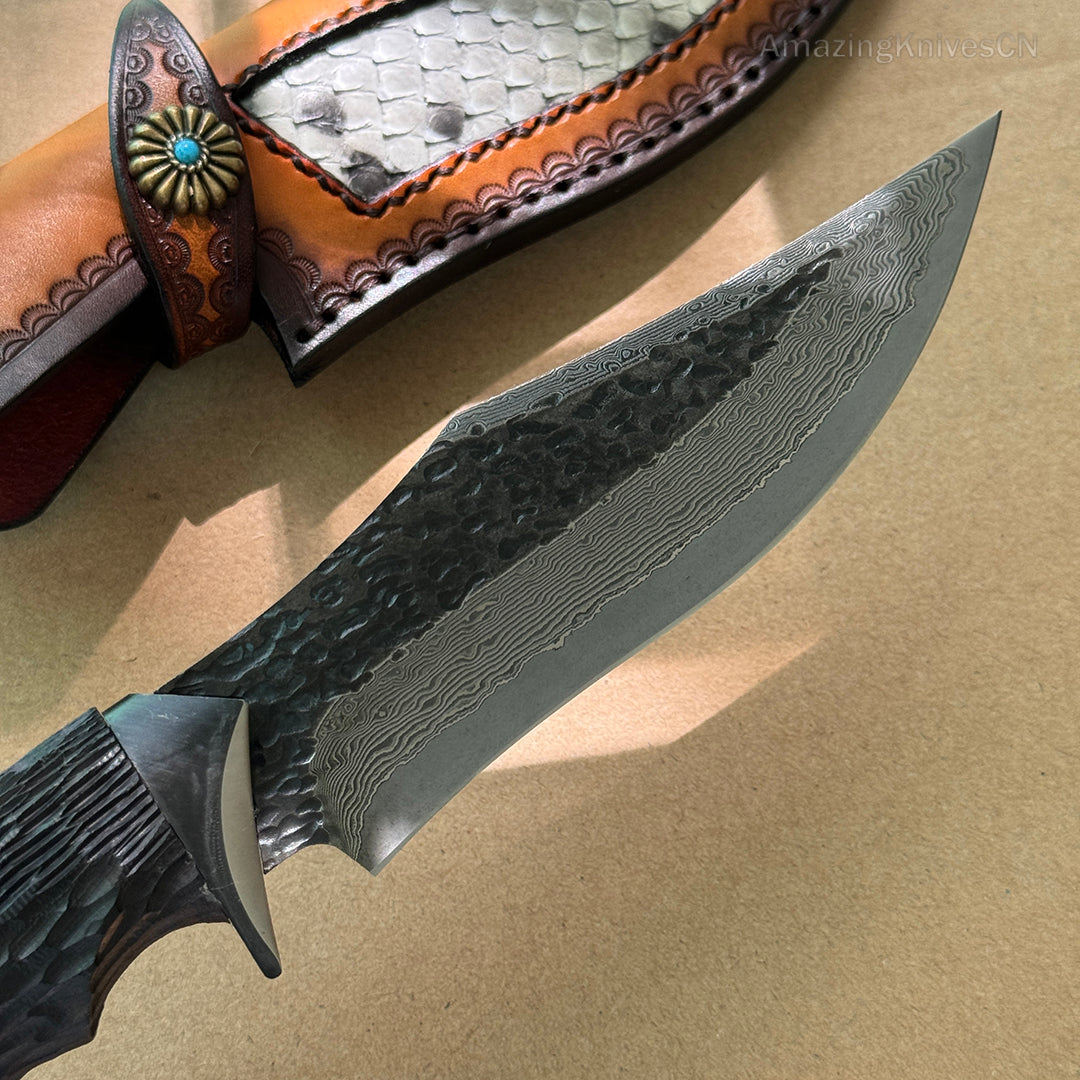 Forged VG10 Damascus Steel Hunting Knife Survival Knife Bowie Black Goat Head - AK-HT0731-D