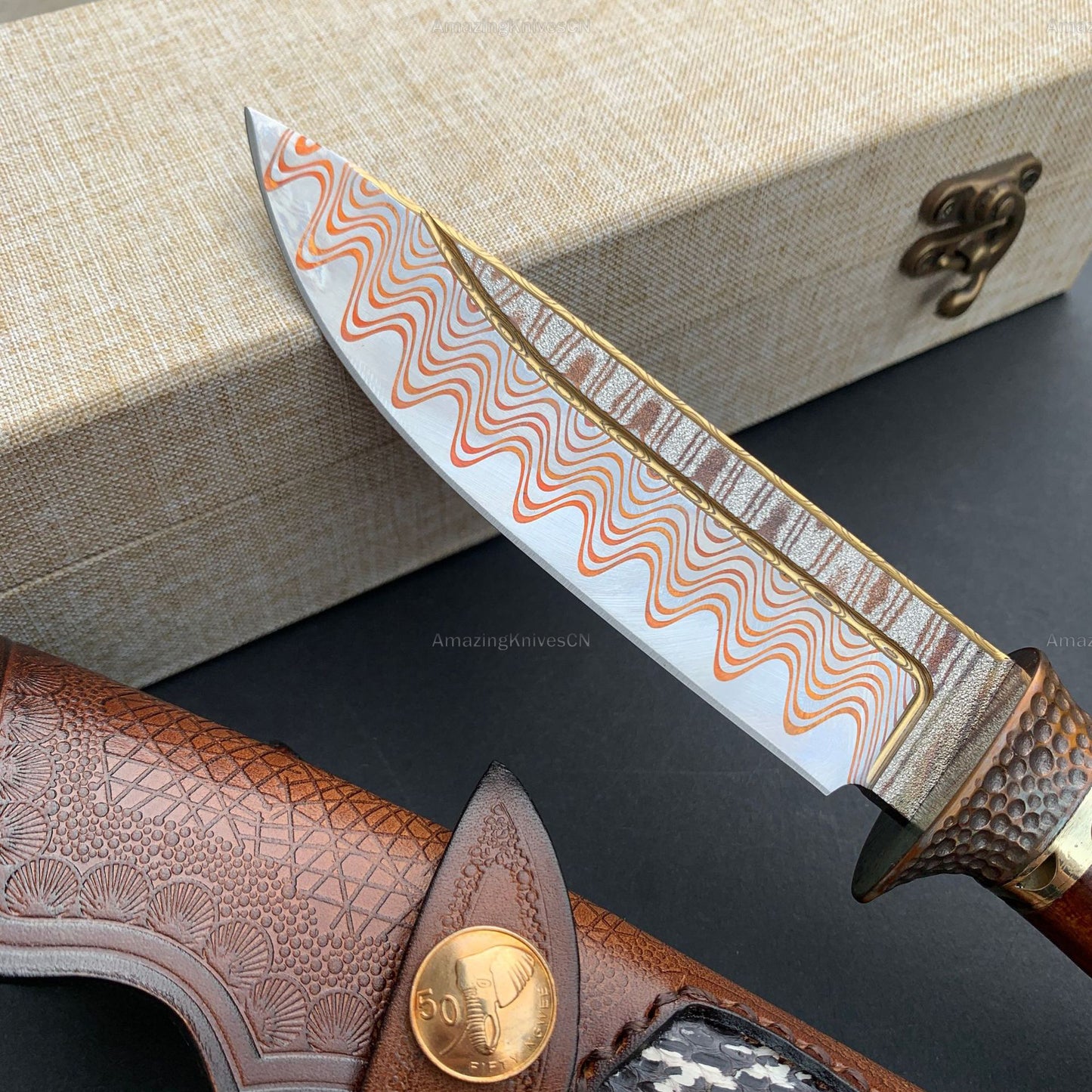 Collectible Handcrafted Copper Damascus Steel Knife Full Tang Desert Ironwood - AK-HT0910-1